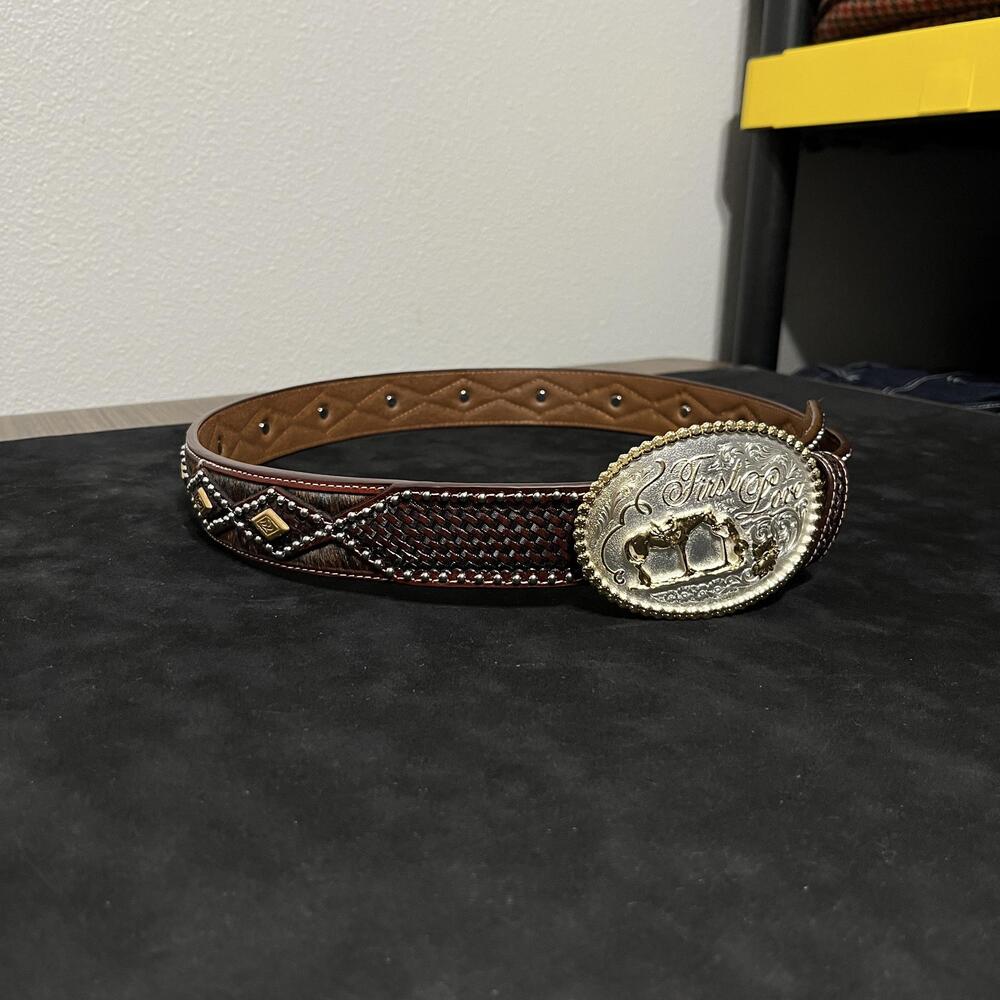 Montana Silversmiths Belt 34 Brown Tooled Western First Love Horse Rodeo Buckle
